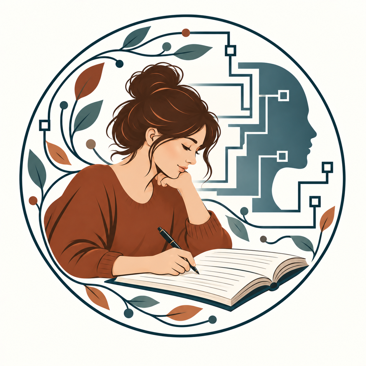 Fraimshift’s illustrated emblem: a writer, a human profile, circuit lines, and leaves.